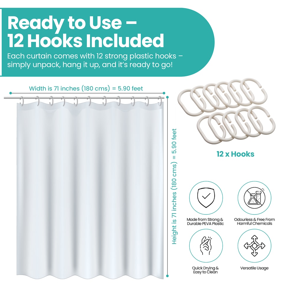 image 1 of PEVA Plain Mould & Mildew Resistant Shower Curtain with 12 Hooks - 180x180cm