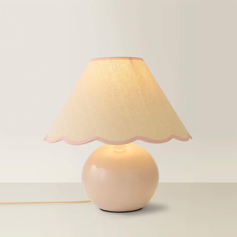 image 1 of ValueLights Bosco Natural Stone Globe Ceramic Table Lamp with Linen Pink Trim Scallop Lamp Shade