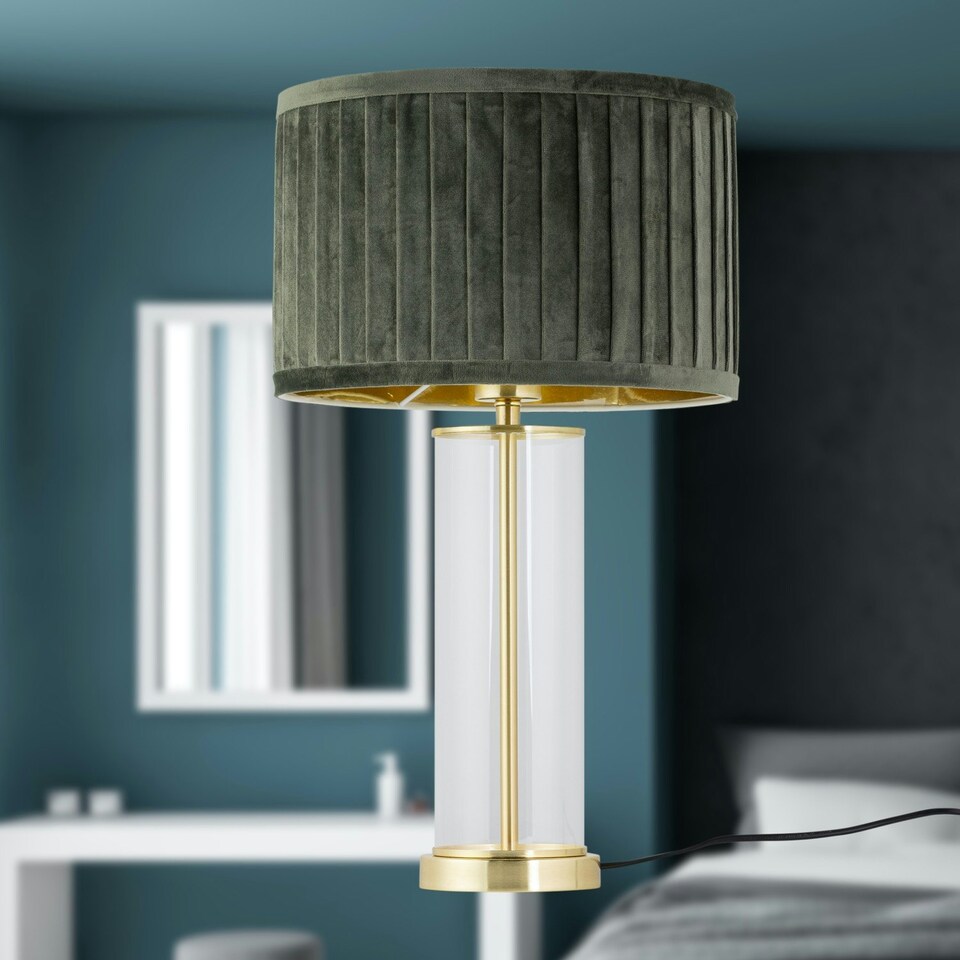 image 1 of Set of 2 Aura - Satin Brass Lamps with Green Pleated Velvet Shades Bronze | Green