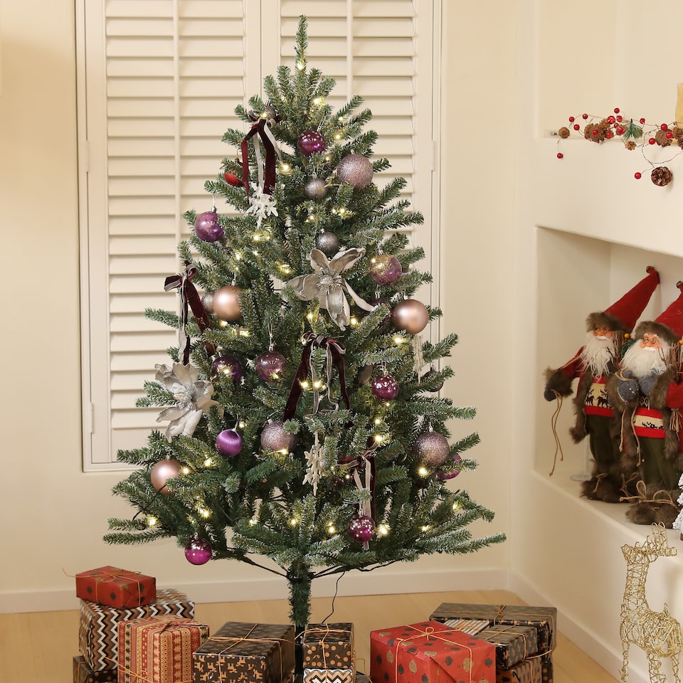 image 1 of HOMCOM 5ft Artificial Prelit Christmas Tree with Warm White LED Lights and 486 Tips, Metal Stand, Xmas Tree with Purple Ornaments for Home Office Holiday