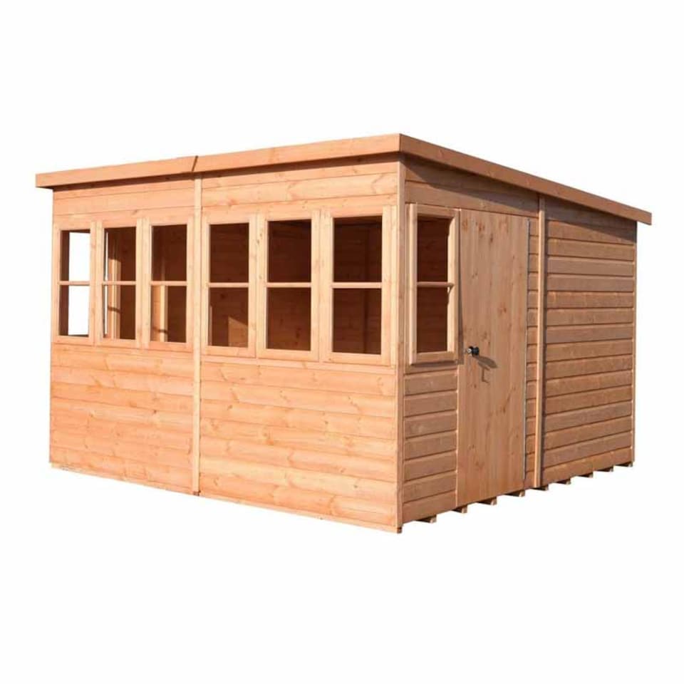 image 1 of Sun Pent 10 x 6 Feet Single Door with Eight Windows Dip Treated Wooden Garden Potting Shed | Brown | Honey Brown