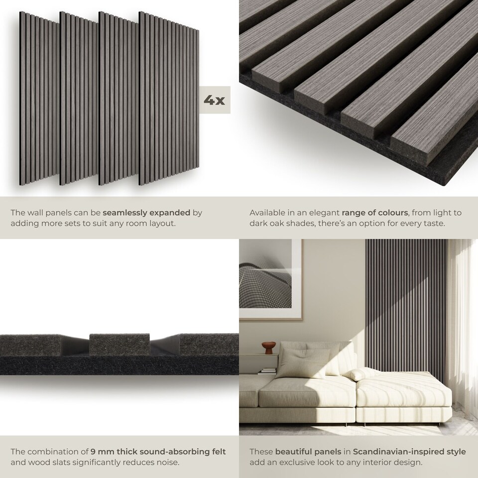 image 1 of Acoustic Wall Panels Sonic Wall II with Real Wood Veneer and Sound-Absorbing Felt | Grey | light gray oak | 110 x 50 x 1.8 cm | 4