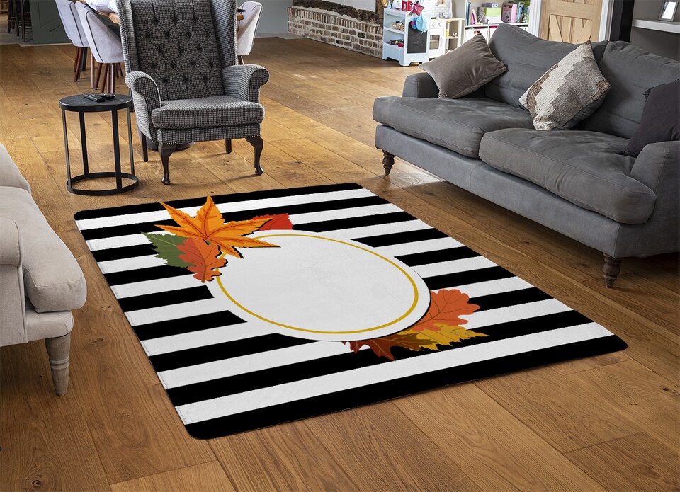 image 1 of Black Stripes Autumn Leaves Rug | Multi