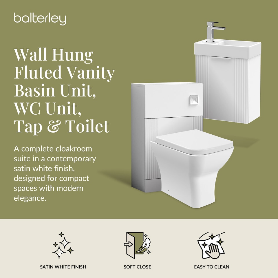 image 1 of Balterley Cloakroom Suite - Wall Hung Basin Unit, Toilet & Tap | White | Satin White | 438 x 400 x 222mm