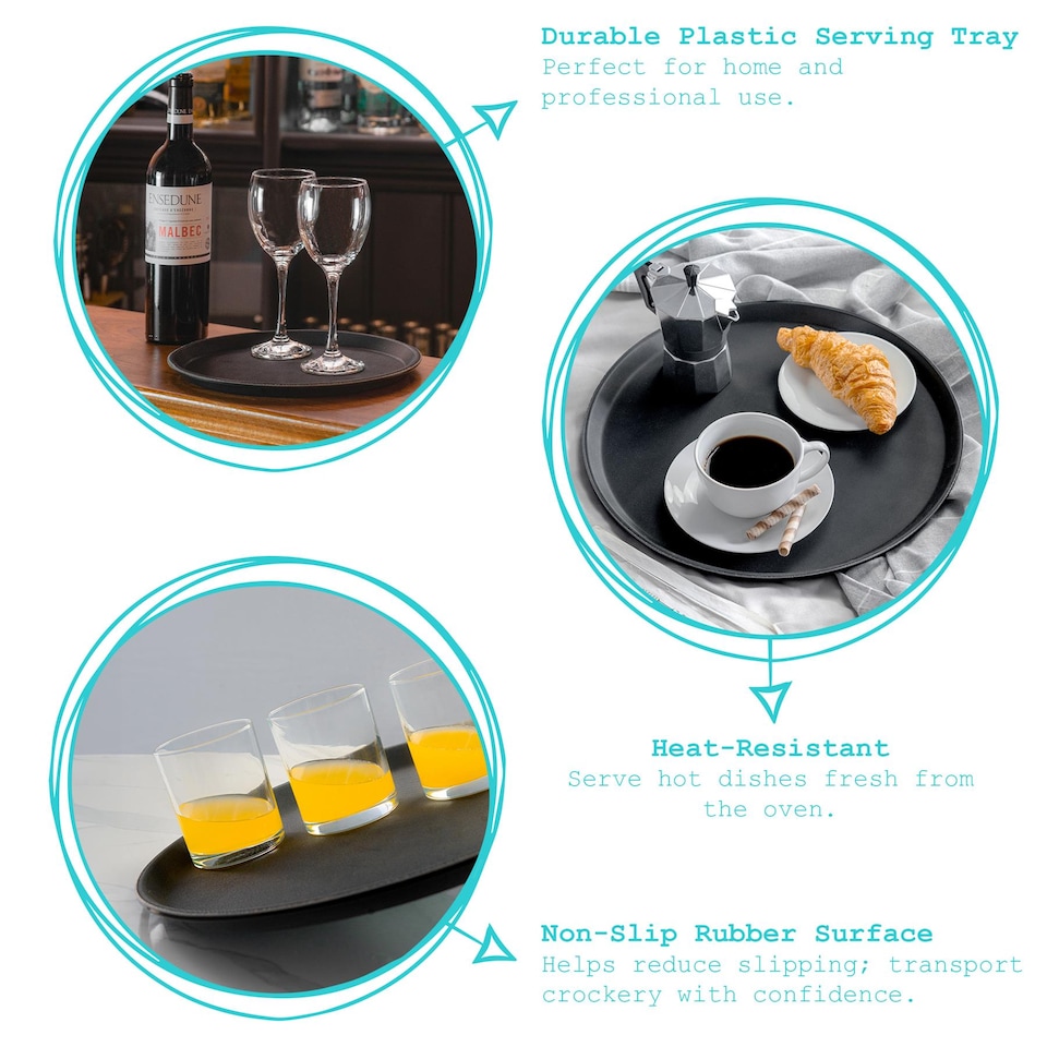 image 1 of Argon Tableware Round Serving Tray - 35.5cm  - Reusable Non Slip Stackable Rubberized Surface Platter Food Drinks Tray | Black | Black | One Size | 1