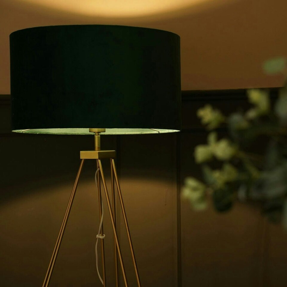image 1 of ValueLights Aero Polished Gold Floor Lamp with Large Green Drum Shade