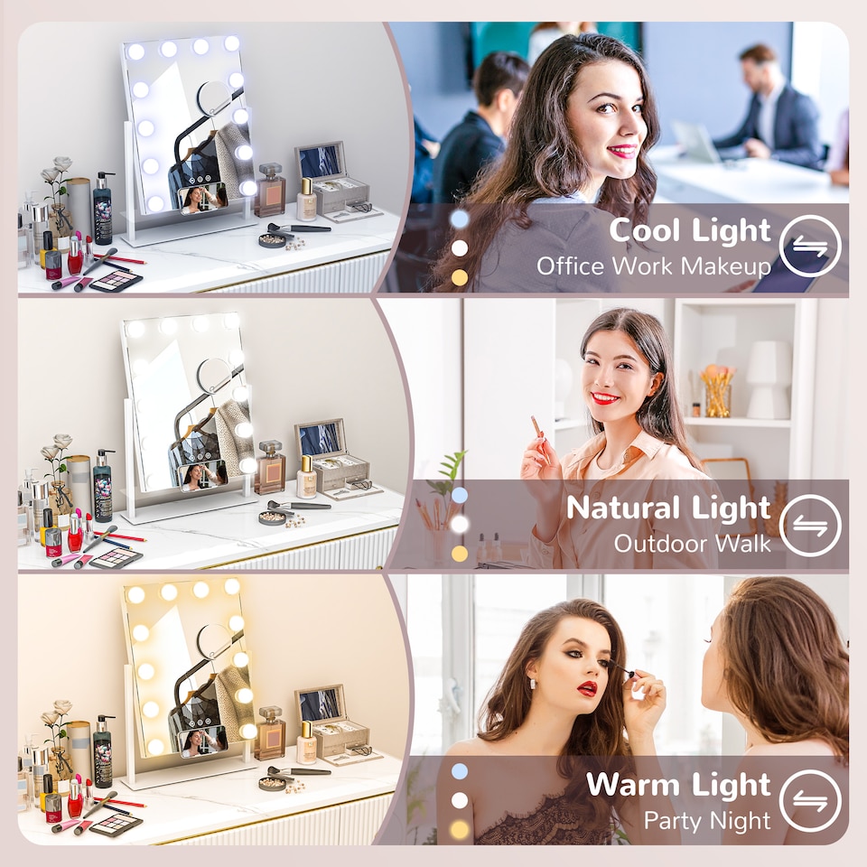 image 1 of HOMCOM Hollywood Vanity Mirror with Lights, 3746 cm Lighted Makeup Mirror with 3 Colour, 12 LED Bulbs, 10 Magnifying, USB Charging Port, Phone Holder