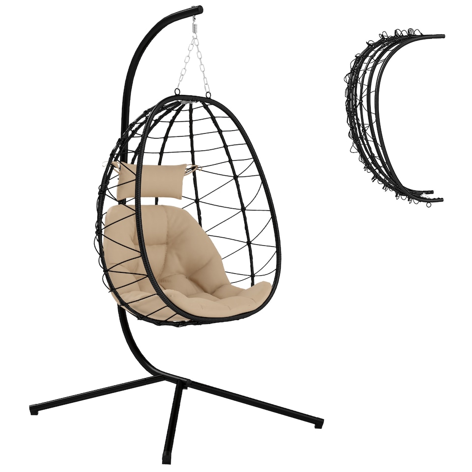 image 1 of Outsunny Garden Egg Chair Outdoor Hanging Swing Chair, Folding Basket, Khaki