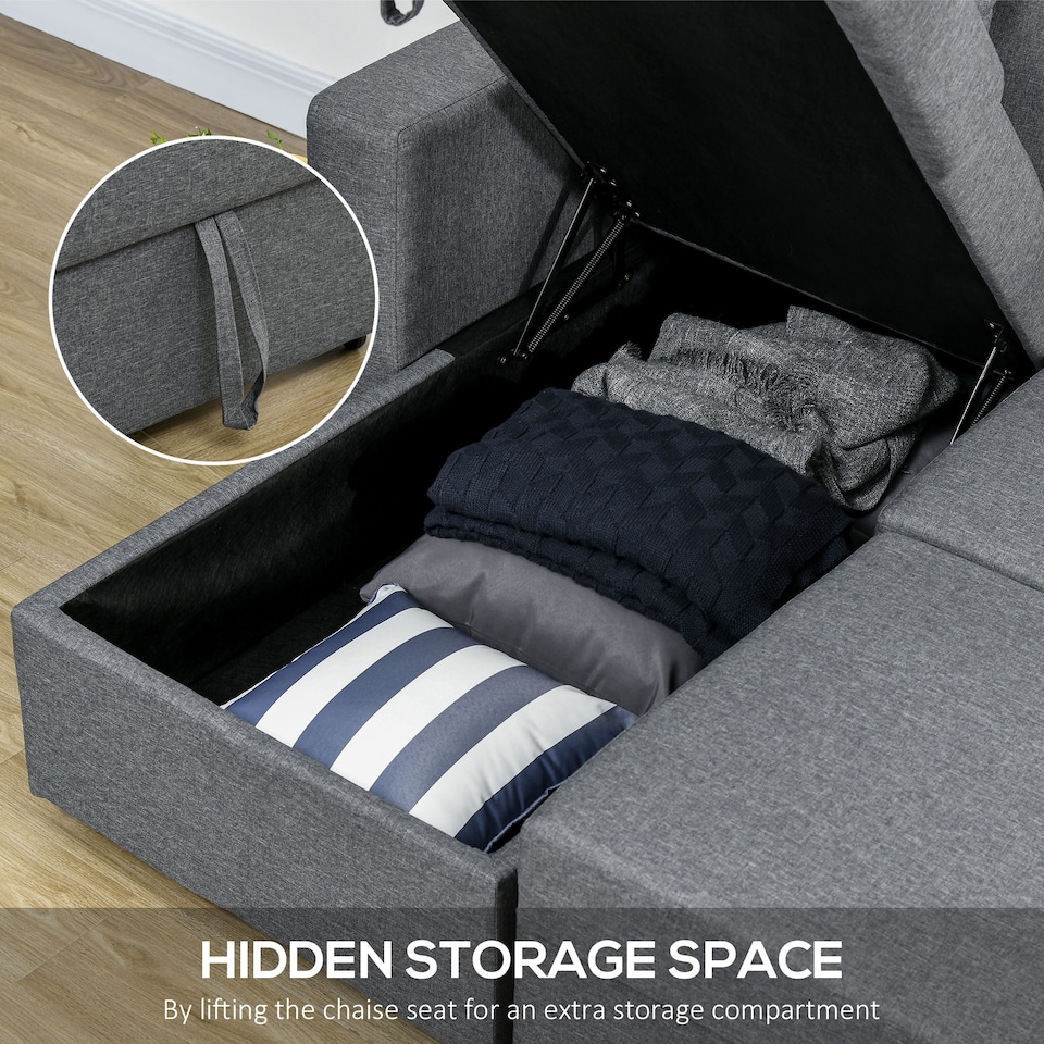 image 1 of HOMCOM Corner Sofa Bed with Storage, 3 Seater Pull Out Sofa Bed, Convertible L Shape Sofa Couch with Reversible Chaise Lounge for Living Room, Dark Grey