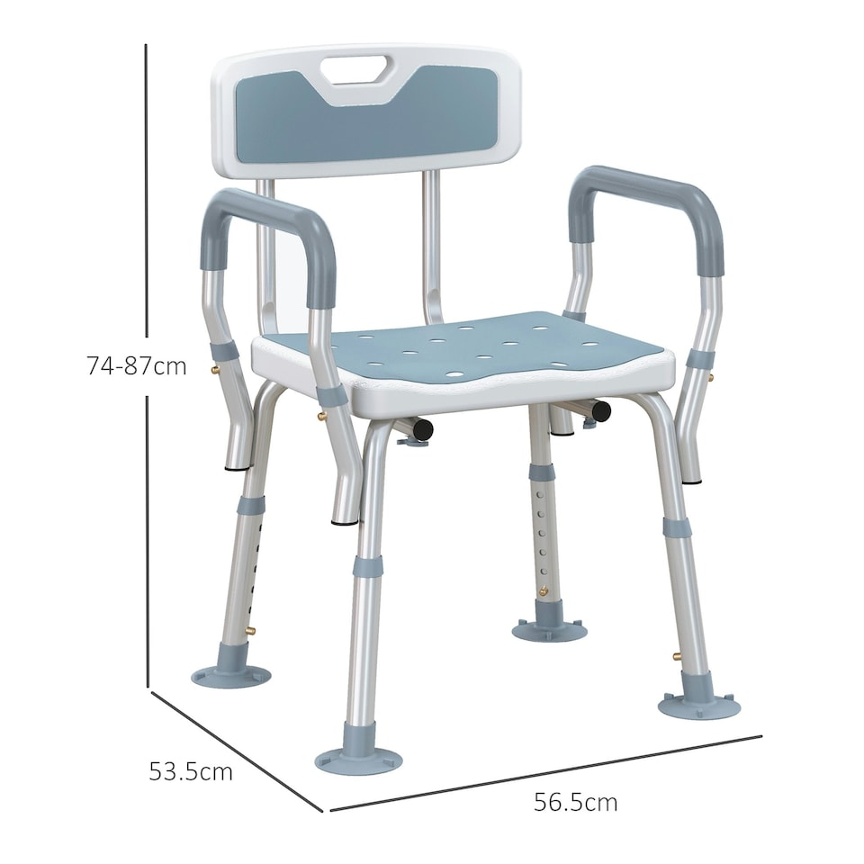 image 1 of HOMCOM EVA Padded Shower Stool with Arms and Back, 4 Suction Foot Pads Blue