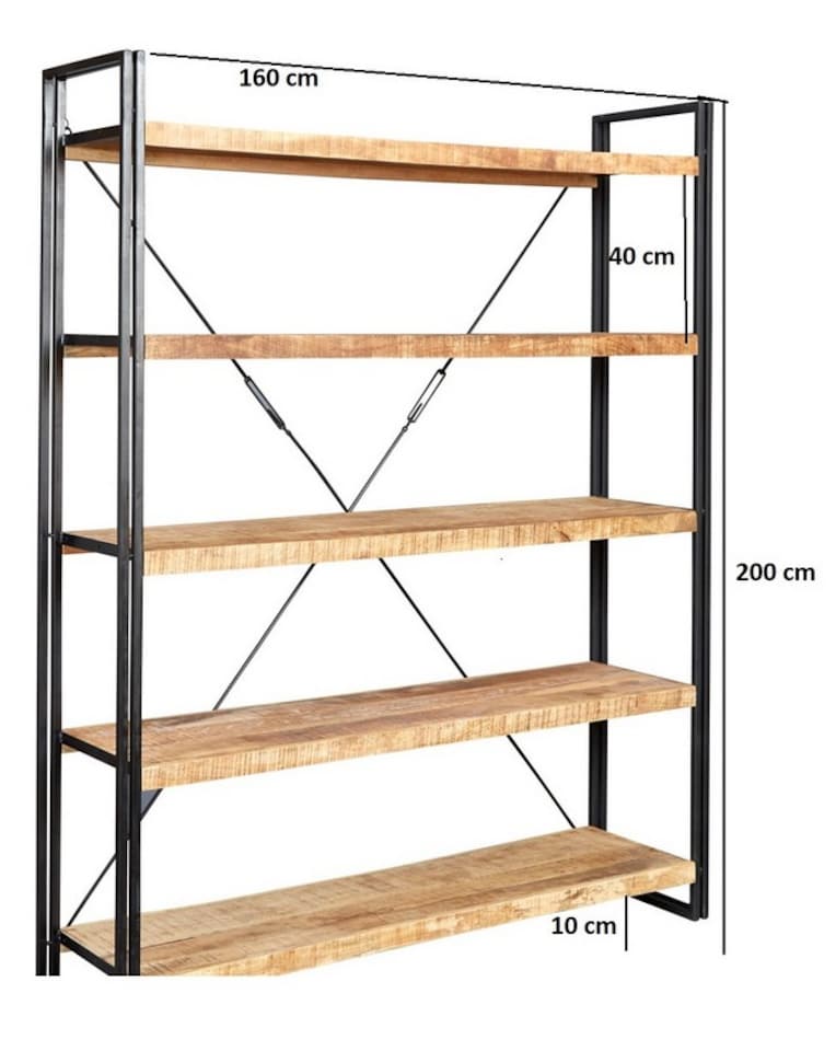 image 1 of Cosmo Industrial Large Open Bookcase - Solid Mango Wood - L40 x W160 x H200 cm