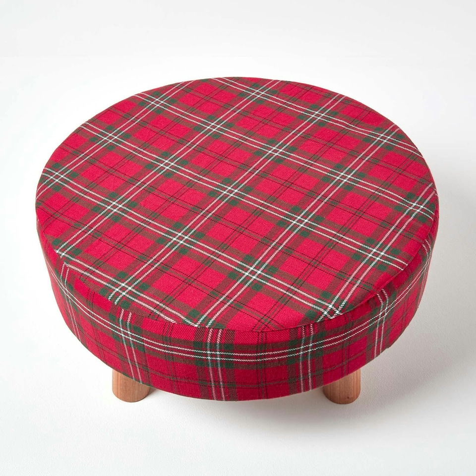 image 1 of Homescapes Traditional Red, Green and White Tartan Flat Footstool with Legs | Red | 62 x 62 x 30 cm