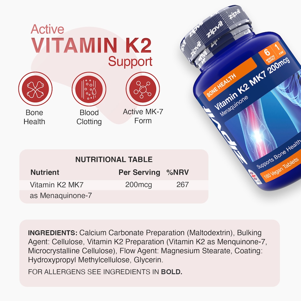 image 1 of Zipvit Vitamin K2 MK-7 200mcg, Heart & Bone Support, 180 Vegan Tablets, 6-Month Supply