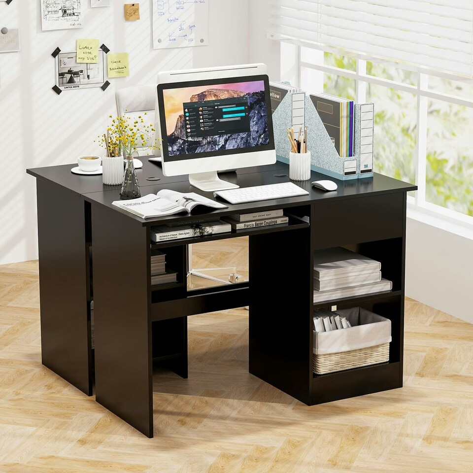 image 1 of COSTWAY Computer Desk Workstation Laptop Table w/Drawer Black Black