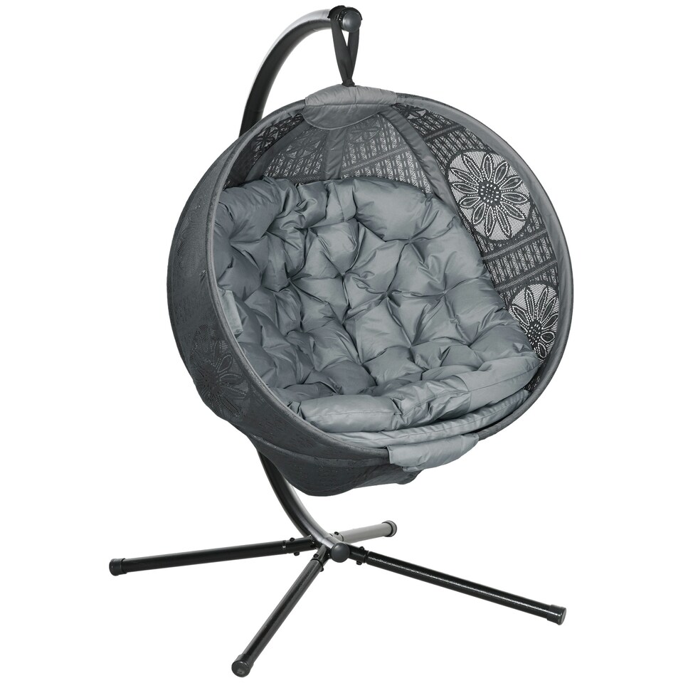 image 1 of Outsunny Hanging Swing Chair w/ Metal Stand & Side Pocket, Sand Grey