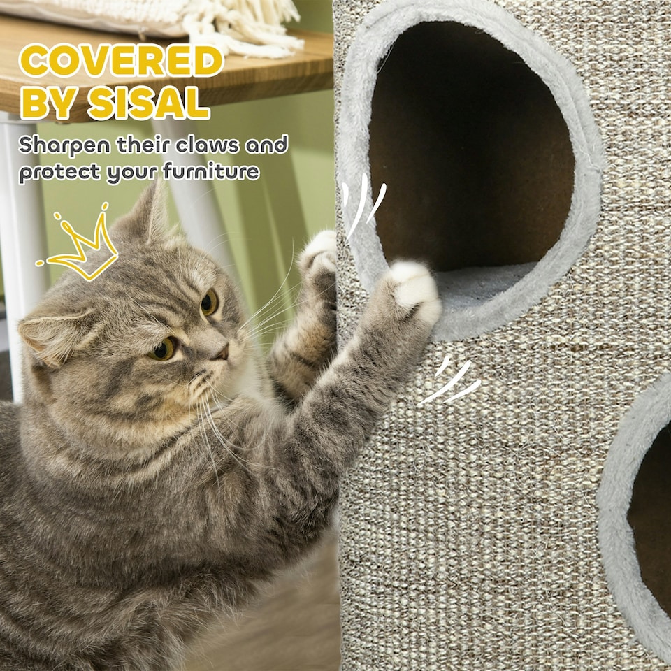 image 1 of PawHut Cat Barrel Tree Tower with Sisal, Cosy Platform, Light Grey