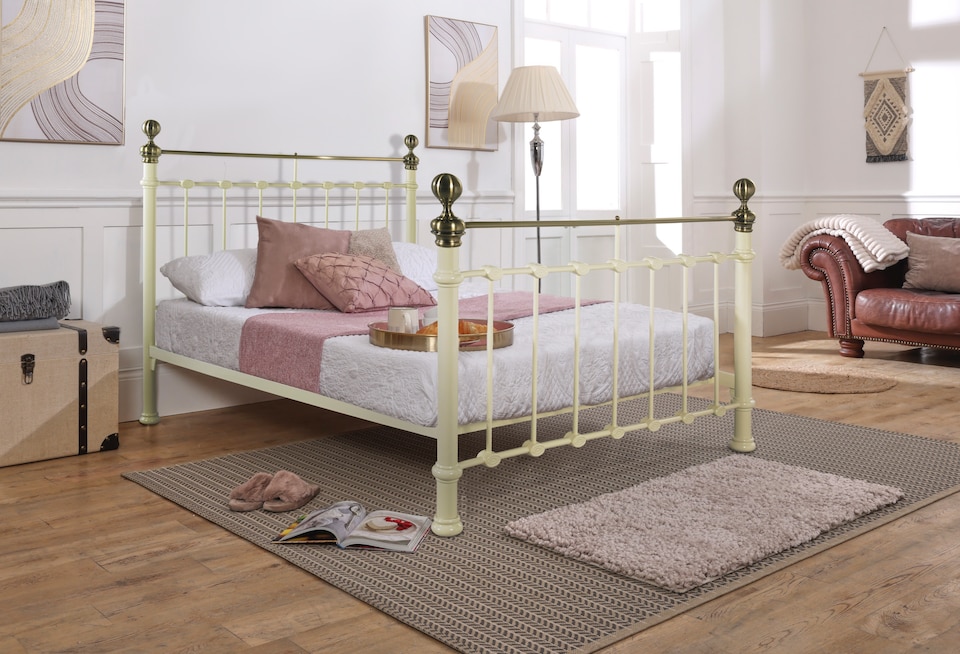 image 1 of 5ft King Size Brass Finish,Ivory Cream,Traditional Antique Victorian Metal Bed Frame | Cream | Antique Brass & Ivory Cream | King