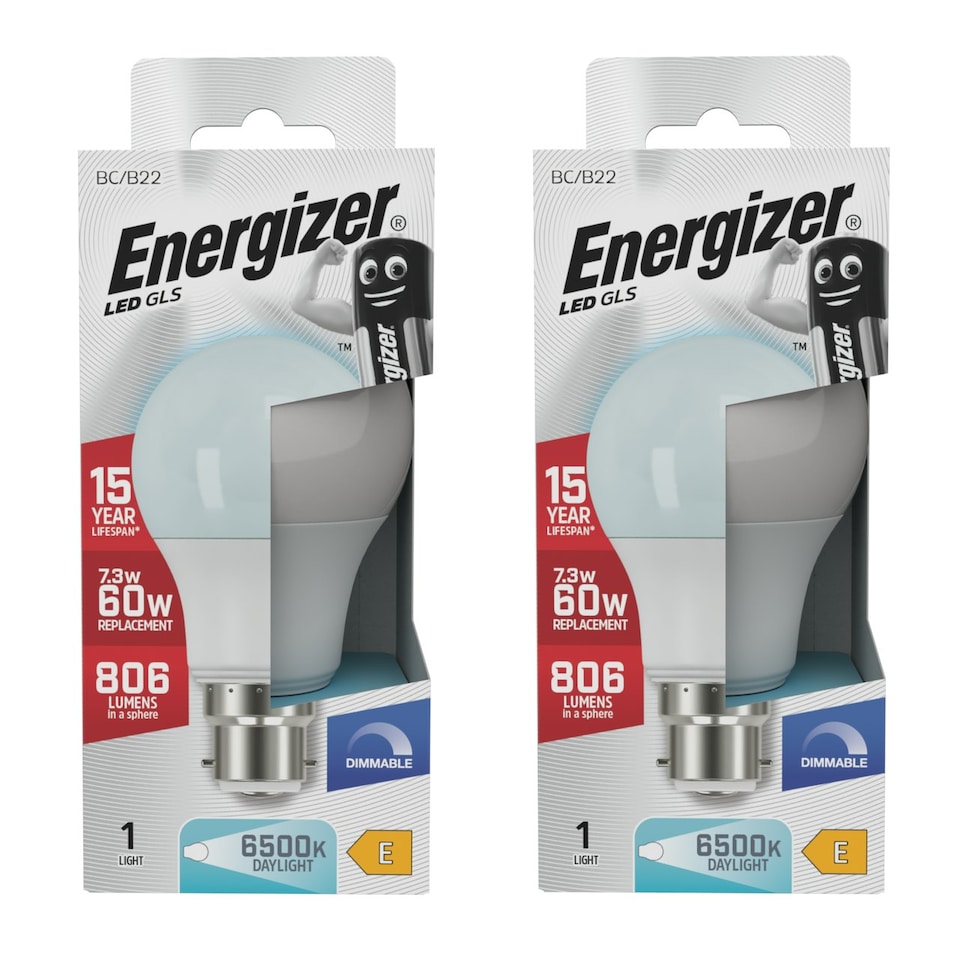 image 1 of Energizer LED GLS B22 806lm 7.3W 6500K (Daylight) Dimmable Light Bulb - Pack of 2