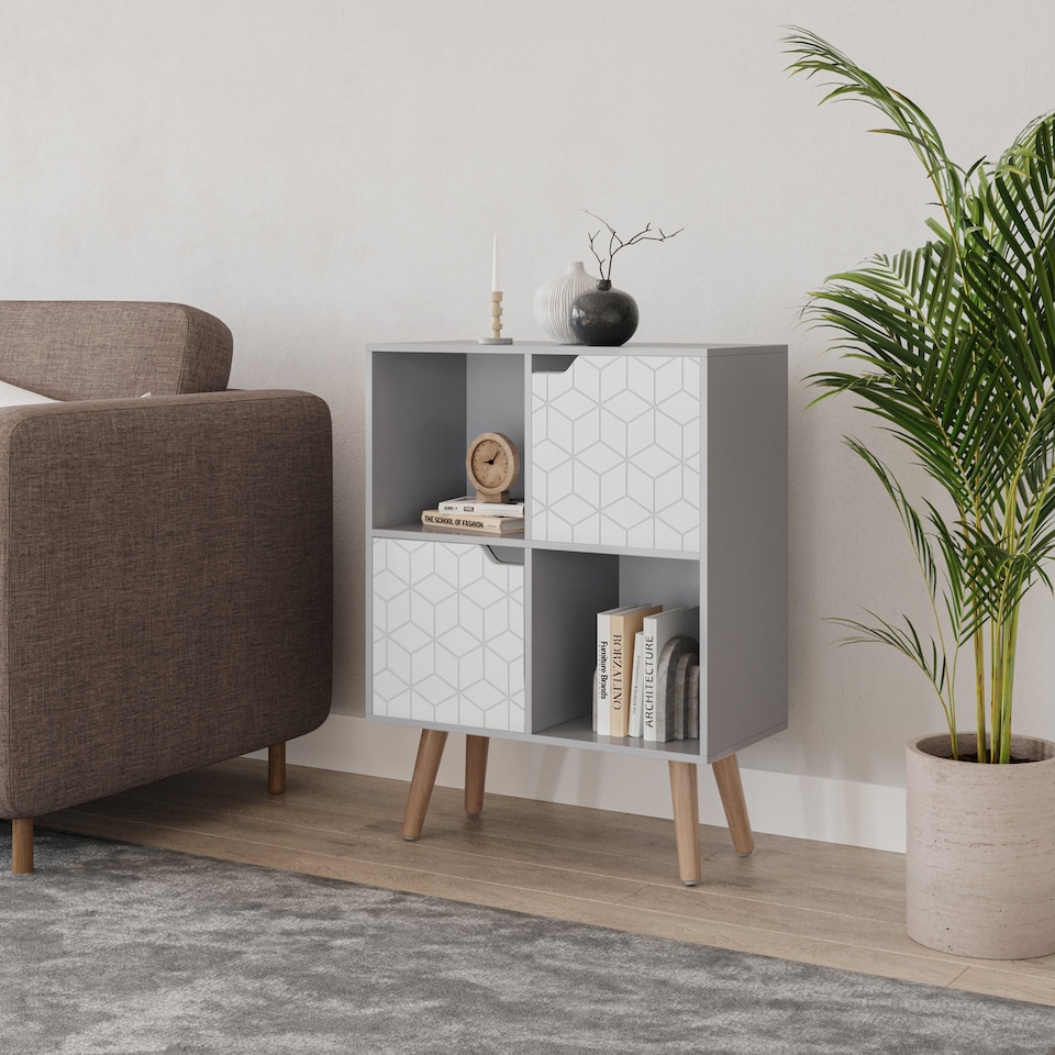 image 1 of Grey 4-Cube Storage Unit with 2 Geo Doors and Legs | White | White & Beech | 1