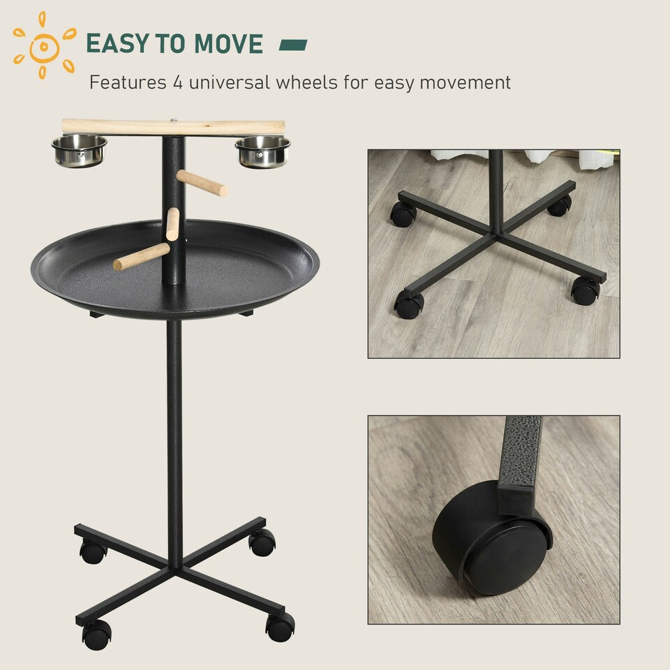 image 1 of PawHut Metal Bird Table Play Stand, Bird Feeder Station with Wheels Feeding Bowl