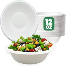 ECONX 50Pcs Biodegradable Bagasse Bowls 12oz White Sugarcane Disposable Bowl