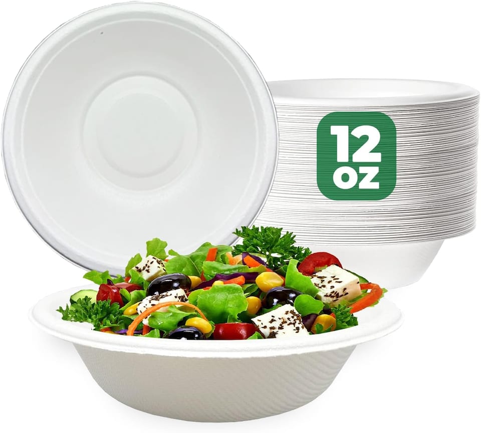 image 1 of ECONX 50Pcs Biodegradable Bagasse Bowls 12oz White Sugarcane Disposable Bowl