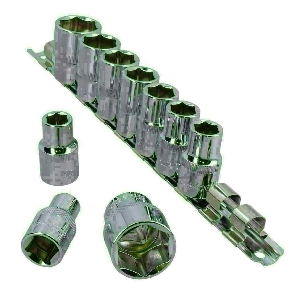 image 1 of 10pc 1/2" Drive Shallow Metric Socket Set 6-Sided Hex Sockets 10 - 24mm on Rail