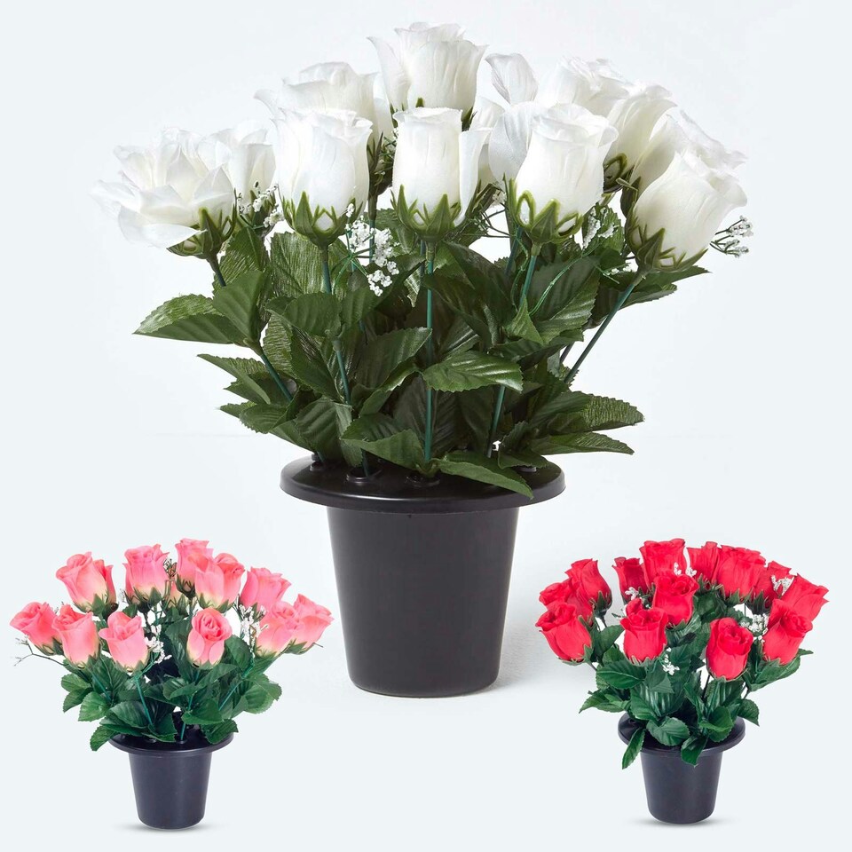 image 1 of Homescapes Set of 3 Red, Pink & White Rose and Gypsophila Artificial Flowers in Grave Vases