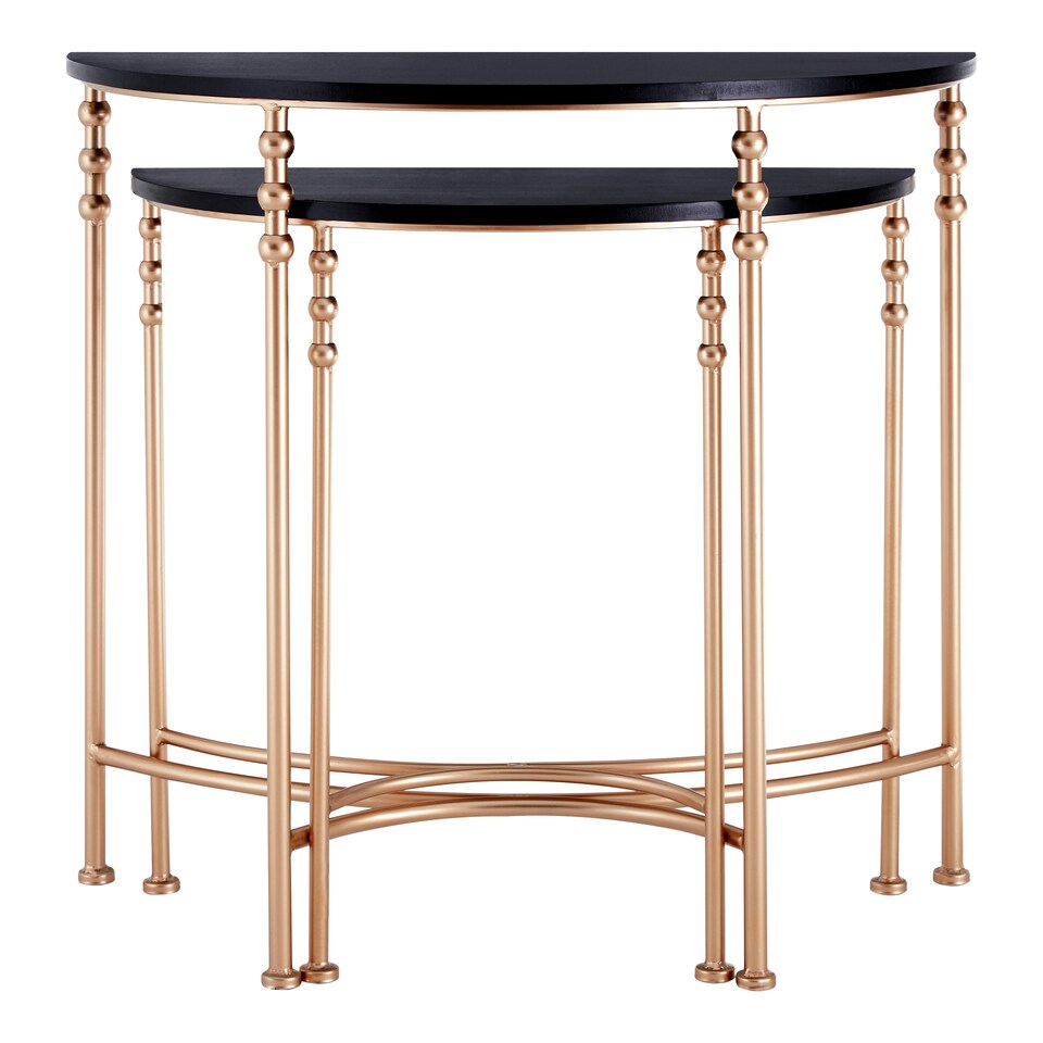 image 1 of Interiors by Premier Set of Two Half Round Console Tables, Boutique Style Rose Gold Accent Tables with Matte Black MDF Top