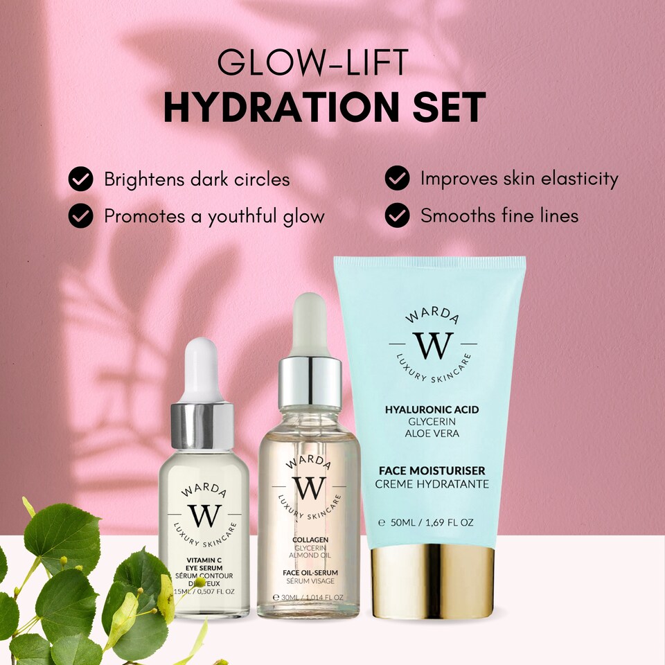 image 1 of Warda Luxury Skincare Skin Glow Boost Vitamin C Eye Serum 15ml + Collagen Skin Lifter Boost Oil Serum 30ml + Skin Hydration Boost Hyaluronic Acid Moisturiser 50ml