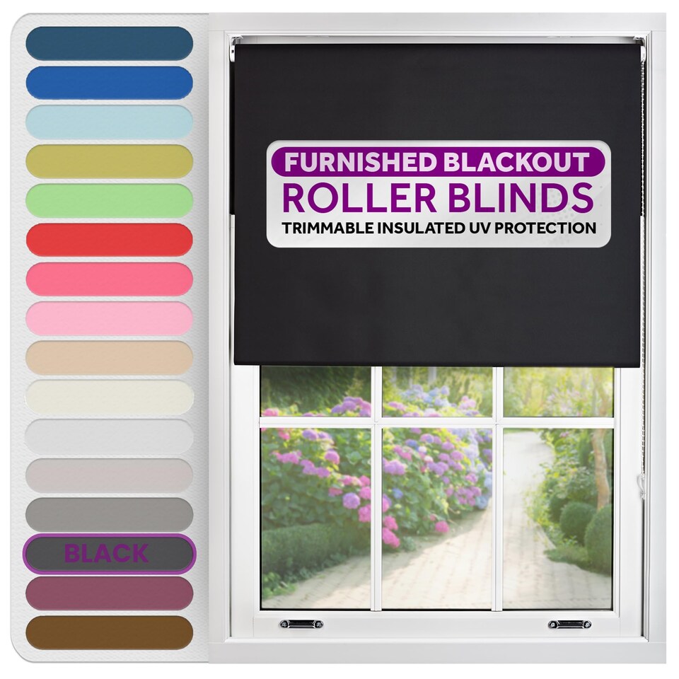 image 1 of FURNISHED Roller Blind Blackout Easy Fit Trimmable Insulated UV Protection Window Shade (W)60cm x (L)210cm | Black | Black