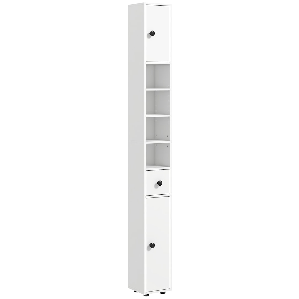 image 1 of kleankin 180cm Tall Bathroom Cabinet, Slim Bathroom Storage Cabinet with 4 Open Shelves, 2 Door Cupboards and Adjustable Shelves, White
