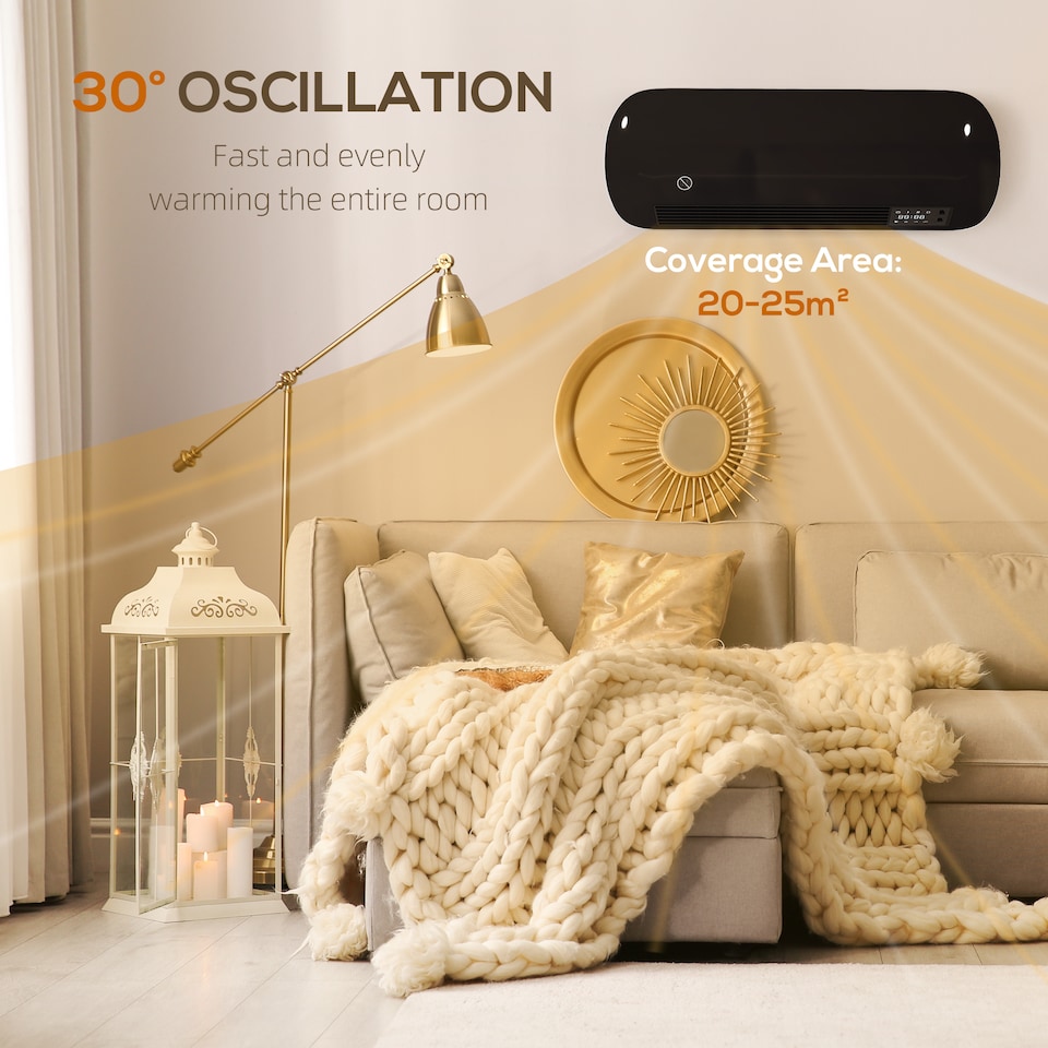 image 1 of HOMCOM Ceramic Electric Heater 2000W with Fan, Wall Mounted, Black | Black