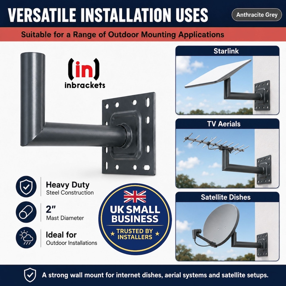 image 1 of Inbrackets Heavy Duty 2" Satellite L Shaped Wall Bracket Anthracite Grey for Starlink, Sky and TV Aerial