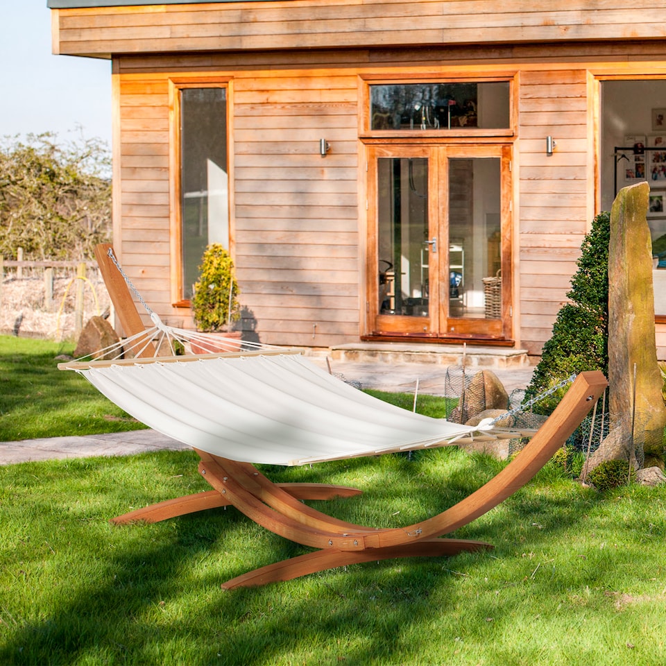 image 1 of Outsunny Outdoor Garden Hammock with Wooden Stand Swing Hanging Bed for Patio White | White