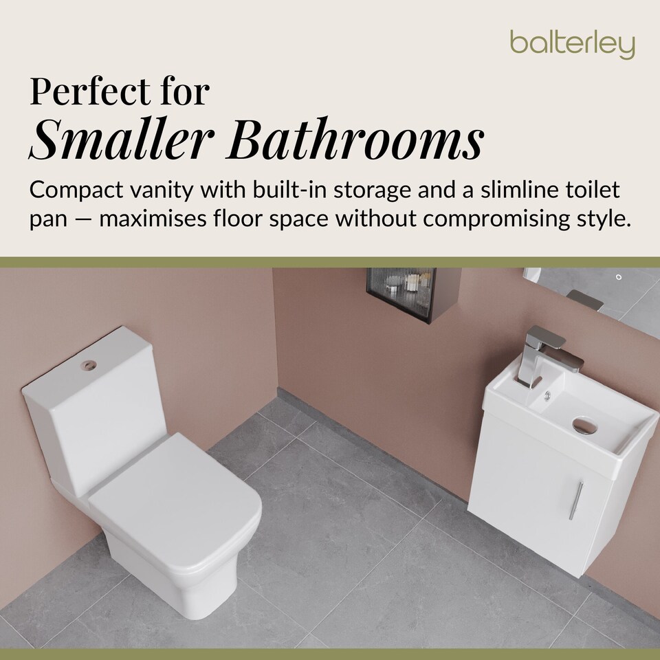 image 1 of Balterley Saint Cloakroom Set - Wall Hung Vanity Basin Unit, Toilet Pan, Cistern, Seat & Mini Basin Tap - Balterley | Green | Gloss White | 438.0000 x 400.0000 x 222.0000mm