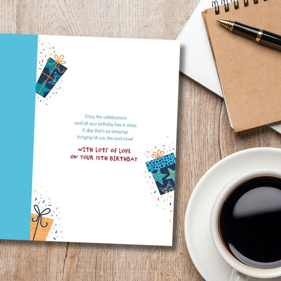 image 1 of Words 'n' Wishes 13th Birthday Card for Son, Patterned & Foiled Letters With Presents, Multicoloured, 23.5 x 16.5 cms