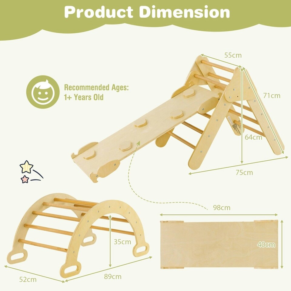 image 1 of COSTWAY 3-in-1 Triangle Wooden Toddler Climber Ramp Arch