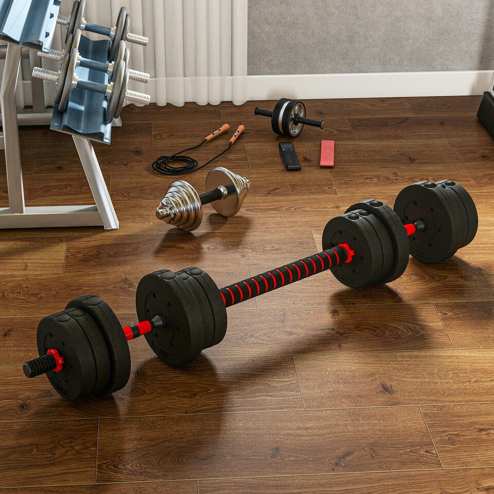 image 1 of HOMCOM 20kg Adjustable 2 IN 1 Barbell Dumbbells Weight Set for Body Fitness Black | Standard