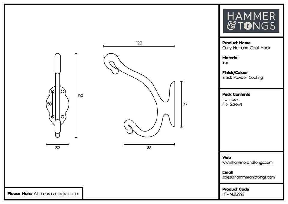 image 1 of Hammer & Tongs Curly Hat & Coat Hook - W40mm x H140mm - Black