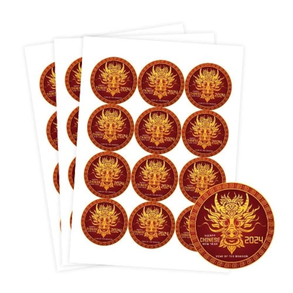 image 1 of Happy Chinese New Year 2024 Dragon Design Round Stickers 60mm - Sheet of 12