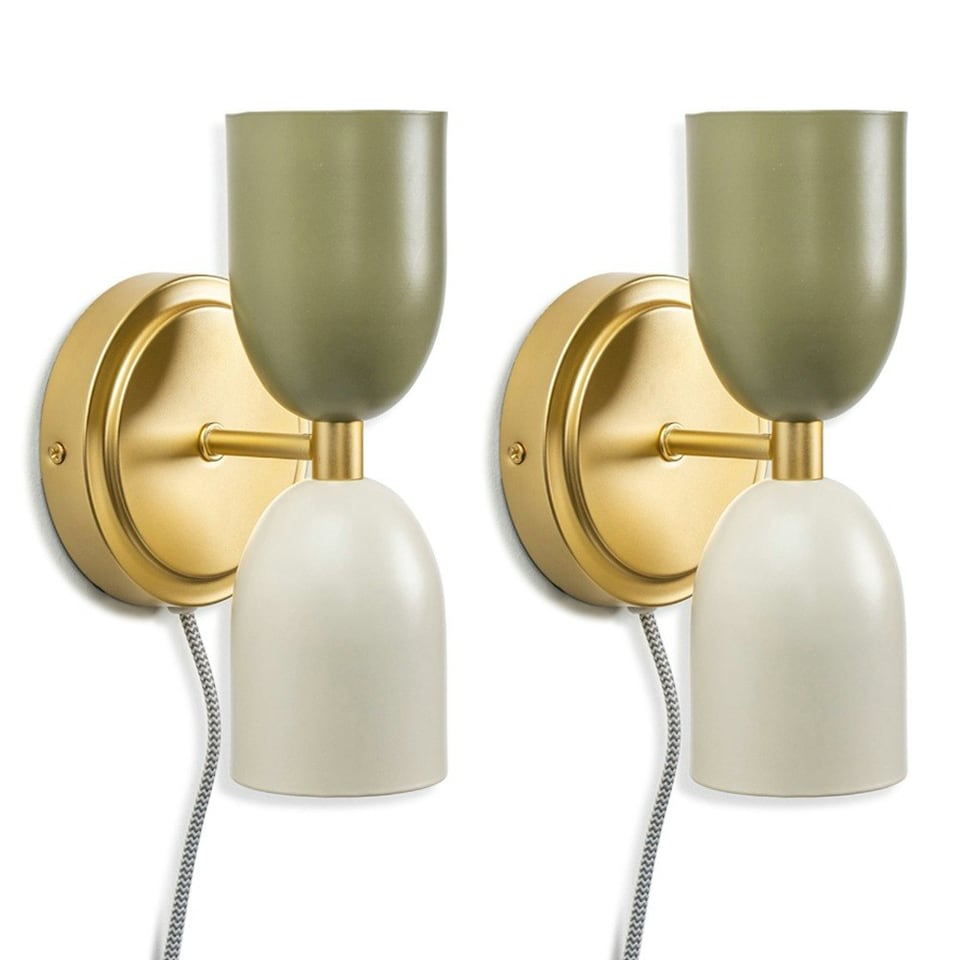 image 1 of ValueLights Tate Pair of - Plug in Gold Up & Down Easy Fit Wall Lights with Khaki / Cream Shades