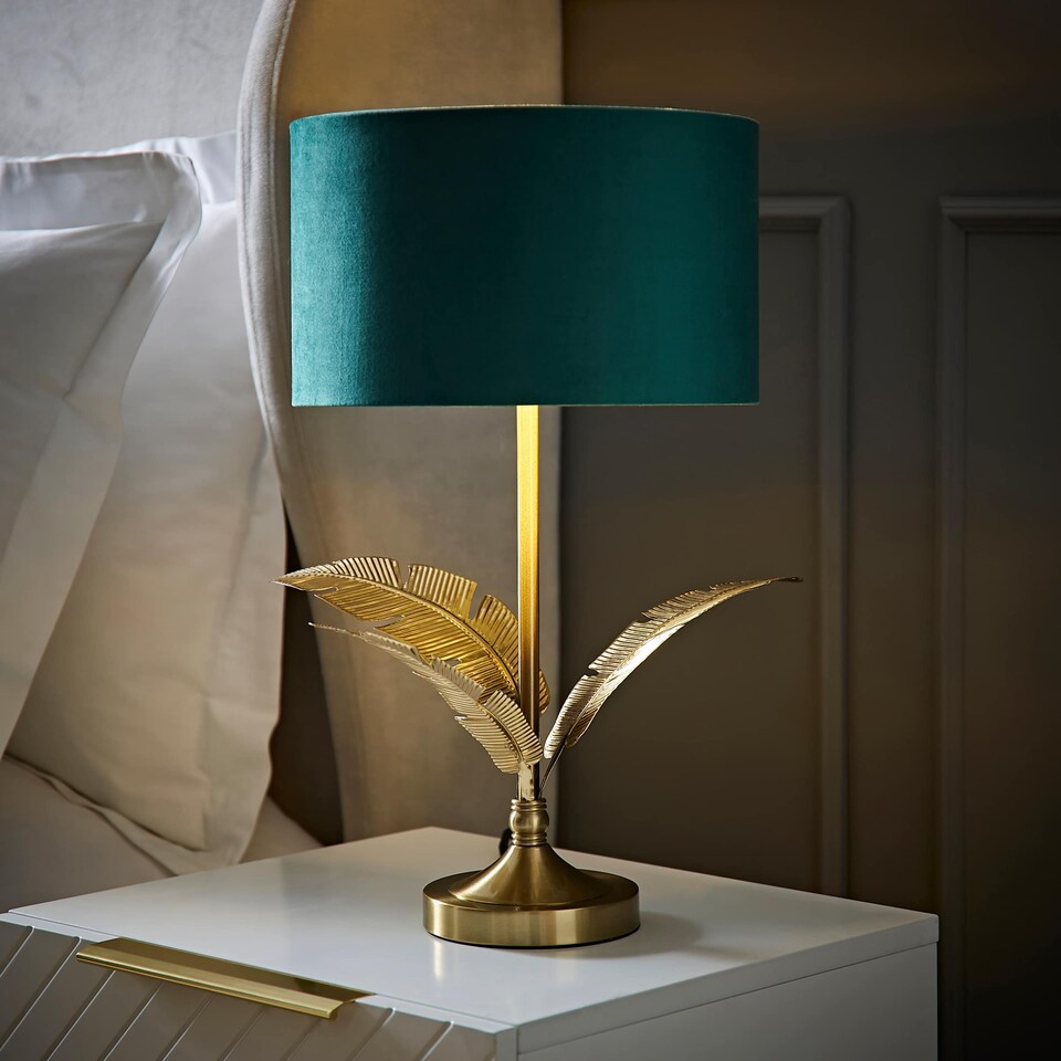 image 1 of ValueLights Christina Green Velvet with Gold Inner Drum Shade Gold Palm Leaf Table Lamp | Gold