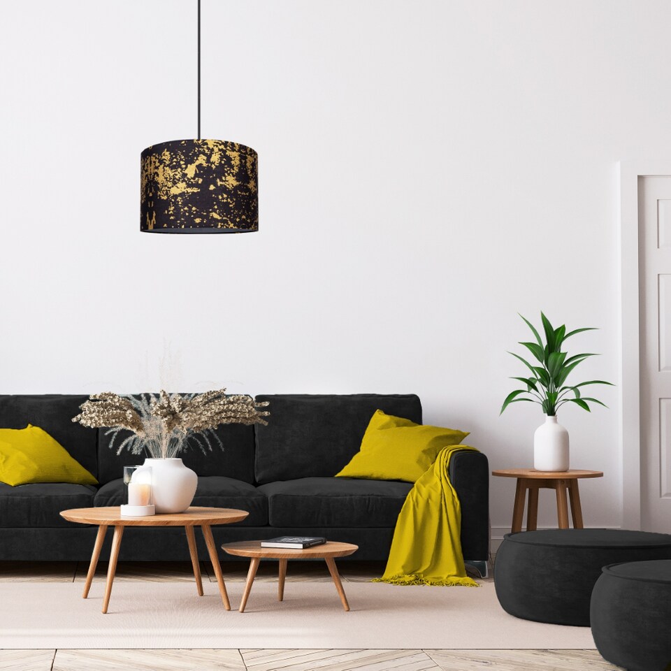 image 1 of Modern Black Cotton Fabric Lamp Shade with Gold Foil Decor for Table or Ceiling | Black