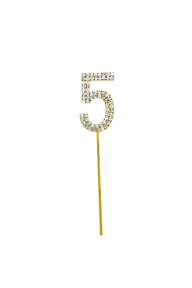 image 1 of Gold 5 Sparkley Diamond Cake Topper Number 5 for Birthday Anniversary | Gold