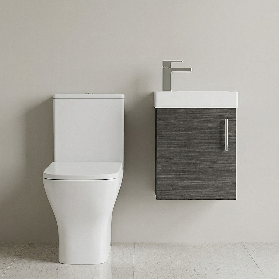 image 1 of Balterley Saint Cloakroom Set - Wall Hung Vanity Basin Unit, Toilet Pan, Cistern, Seat & Mini Basin Tap - Balterley | White | Grey Woodgrain | 520.0000 x 405.0000 x 222.0000mm