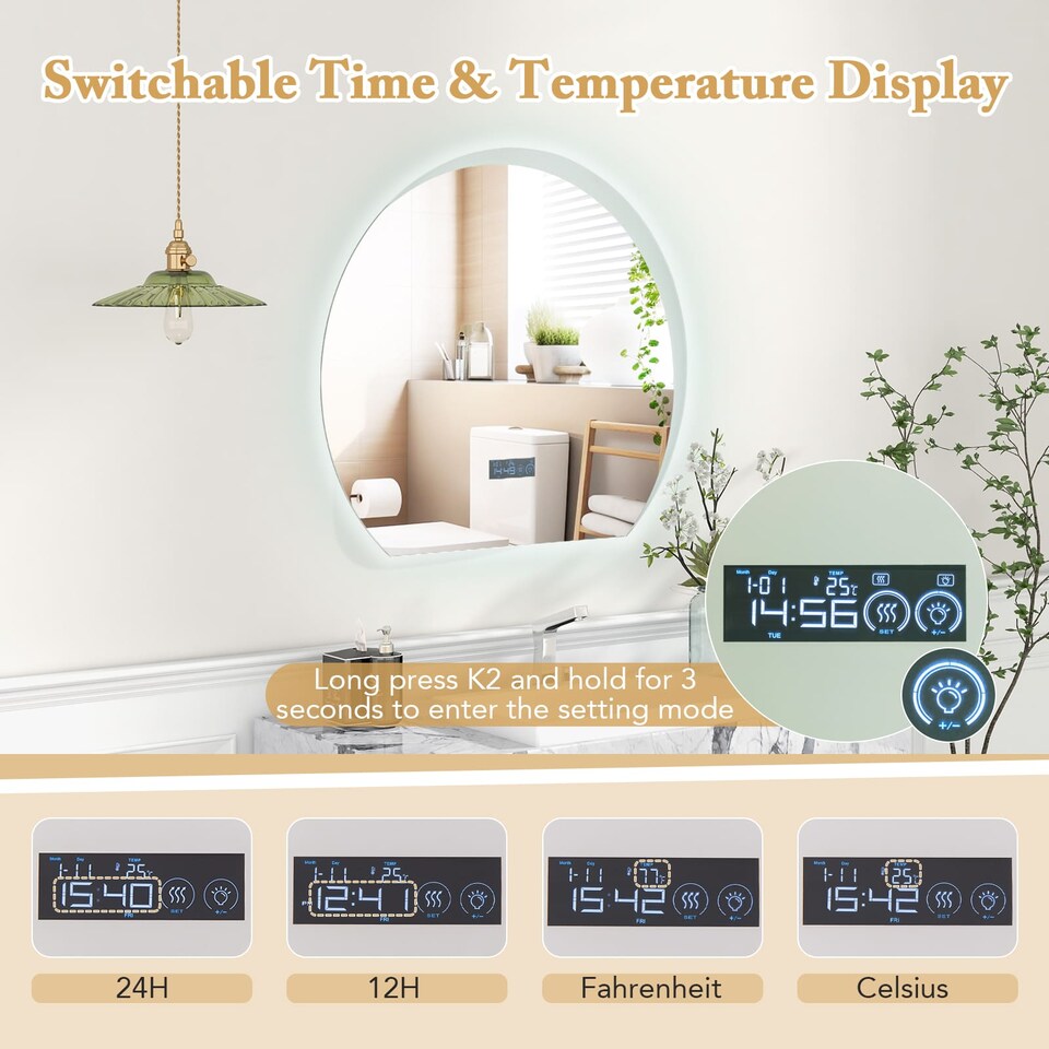 image 1 of COSTWAY Half Circle LED Bathroom Mirror Anti-Fog Vanity Mirror