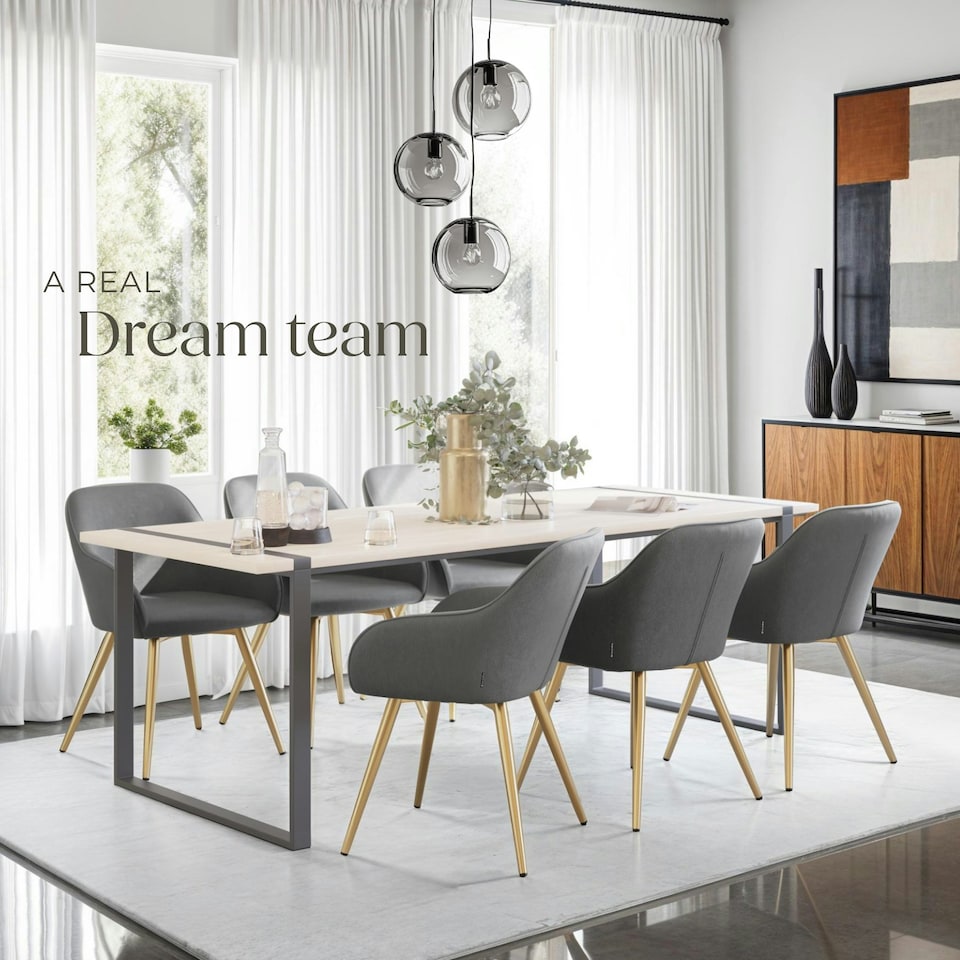 image 1 of Dining Chair Marilyn - corduroy look, upholstered, armchair, continuous backrest - Set of 4 Grey | Grey/Gold