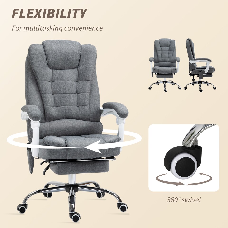 image 1 of Vinsetto Office Chair with 6 Point Massage and Back Heat, Linen Desk Chair with Footrest Adjustable Height and Swivel Wheels, Back Reclining, Grey