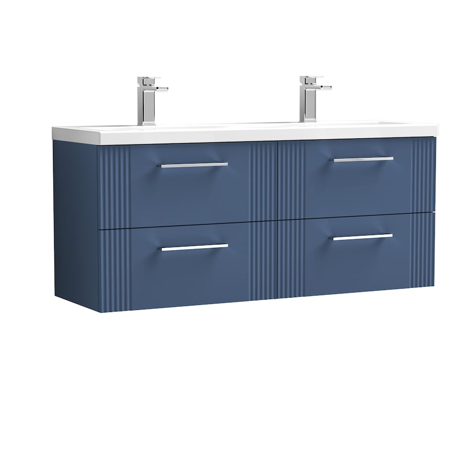 image 1 of Balterley Partial Fluted 4 Drawer Wall Hung Vanity Unit with Double Ceramic Basin | Blue | Satin Blue